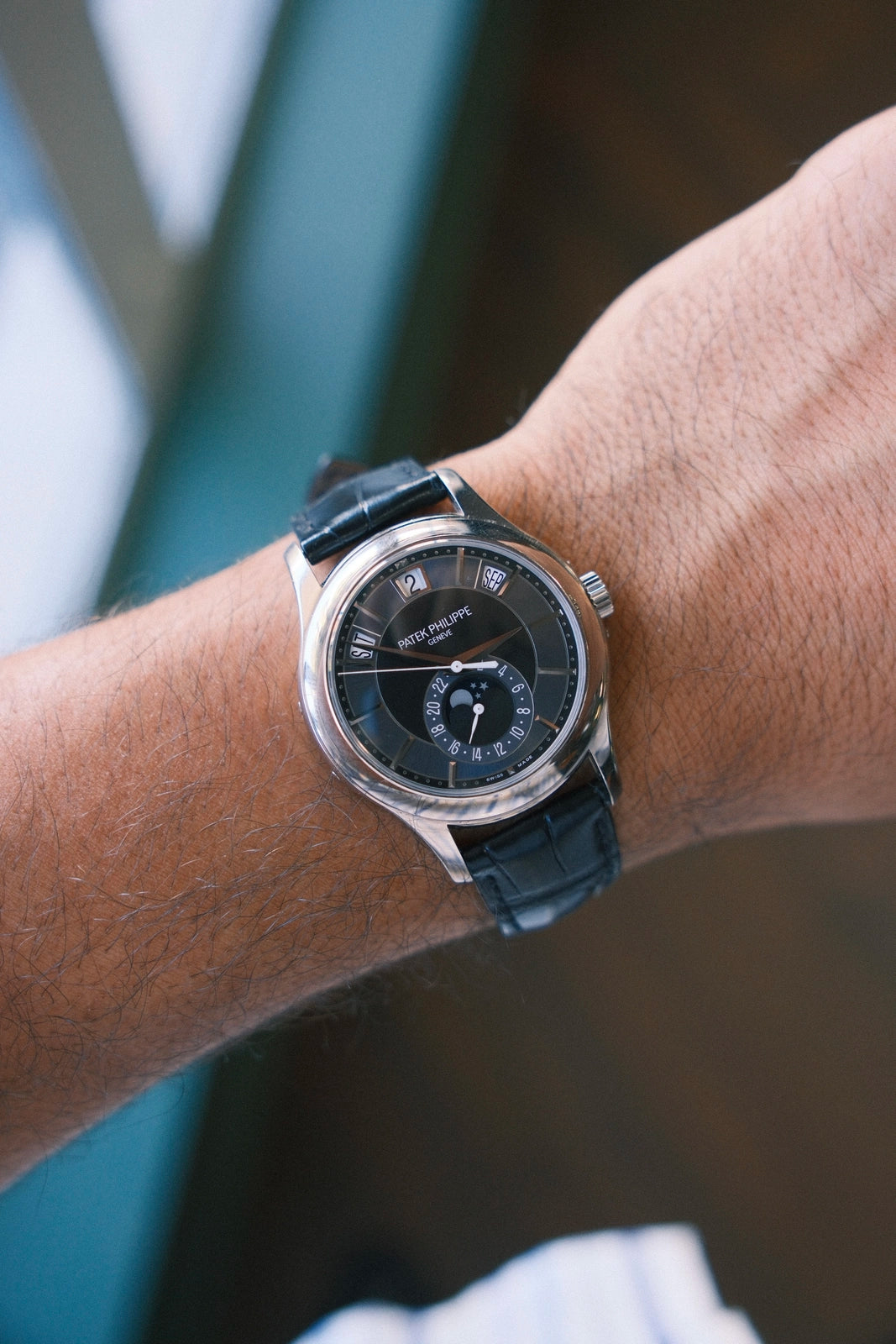 Patek Philippe Complications Annual Calendar Moon Phases Gray Dial on Leather